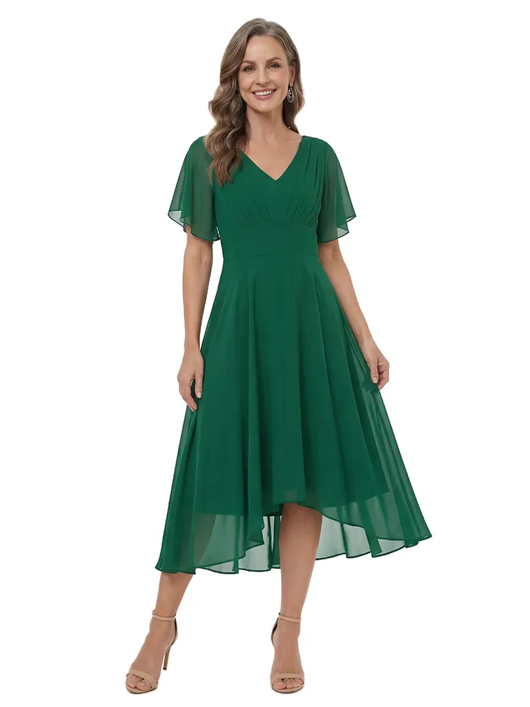 ChicSew Chiffon short Sleeves Ruched V-Neck High-Low Mother Of The Groom Gown sold by ChicSew