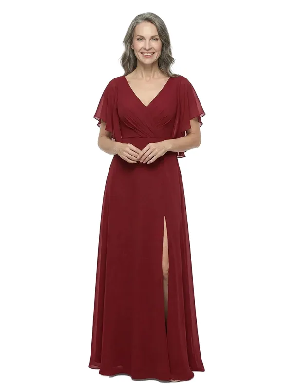 ChicSew V-Neck A-Line Chiffon Mother Of The Bride Dresses With Flutter Sleeves Side Slit Floor-Length made by ChicSew