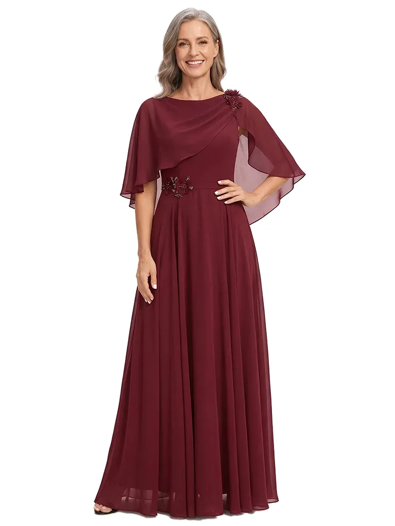 ChicSew Scoop Cape Sleeve Beaded Floor Length Chiffon Romantic Mom Of The Groom Dresses sold by ChicSew