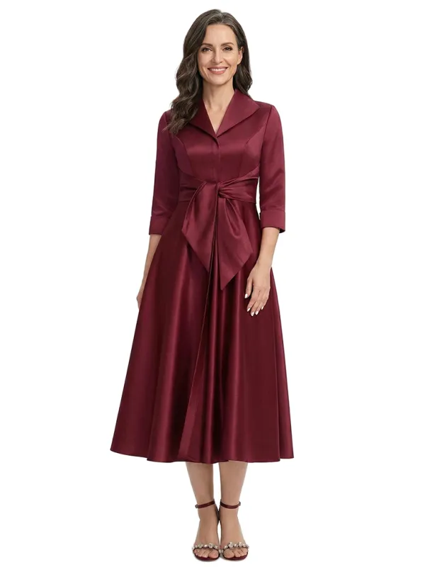 ChicSew V-Neck 3/4 Sleeve Bow Waist A-Line Tea Length Satin Mother Of The Bride Dresses made by ChicSew