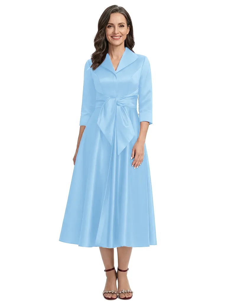 ChicSew V-Neck 3/4 Sleeve Bow Waist A-Line Tea Length Satin Mother Of The Bride Dresses sold by ChicSew product image thumbnail 5
