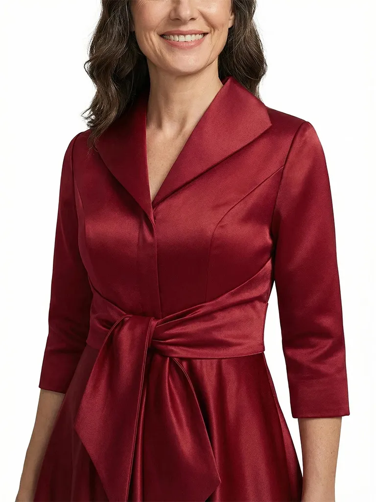 ChicSew V-Neck 3/4 Sleeve Bow Waist A-Line Tea Length Satin Mother Of The Bride Dresses sold by ChicSew product image thumbnail 2