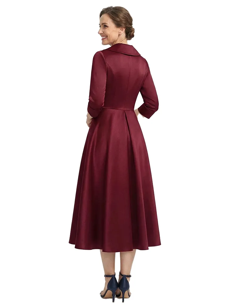 ChicSew V-Neck 3/4 Sleeve Bow Waist A-Line Tea Length Satin Mother Of The Bride Dresses sold by ChicSew product image thumbnail 3