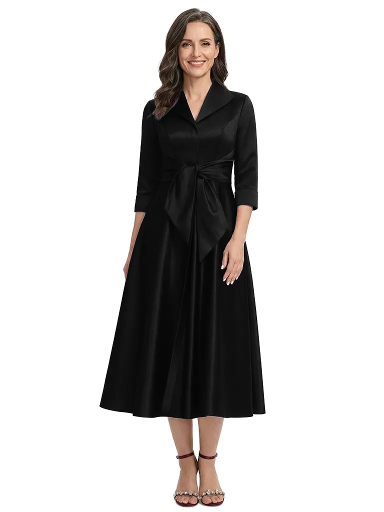ChicSew V-Neck 3/4 Sleeve Bow Waist A-Line Tea Length Satin Mother Of The Bride Dresses sold by ChicSew product image thumbnail 4