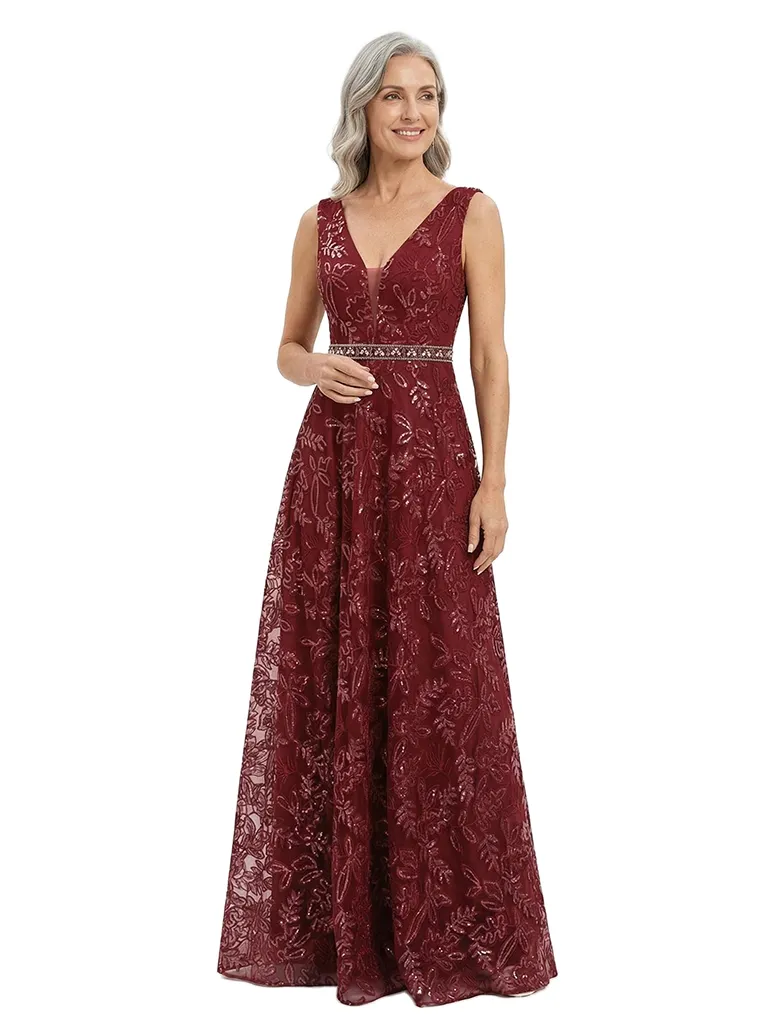ChicSew V-Neck Sequins Lace Applique Beaded Waist Floor Length Chiffon Formal Gown Mother Of The Bride Dresses sold by ChicSew