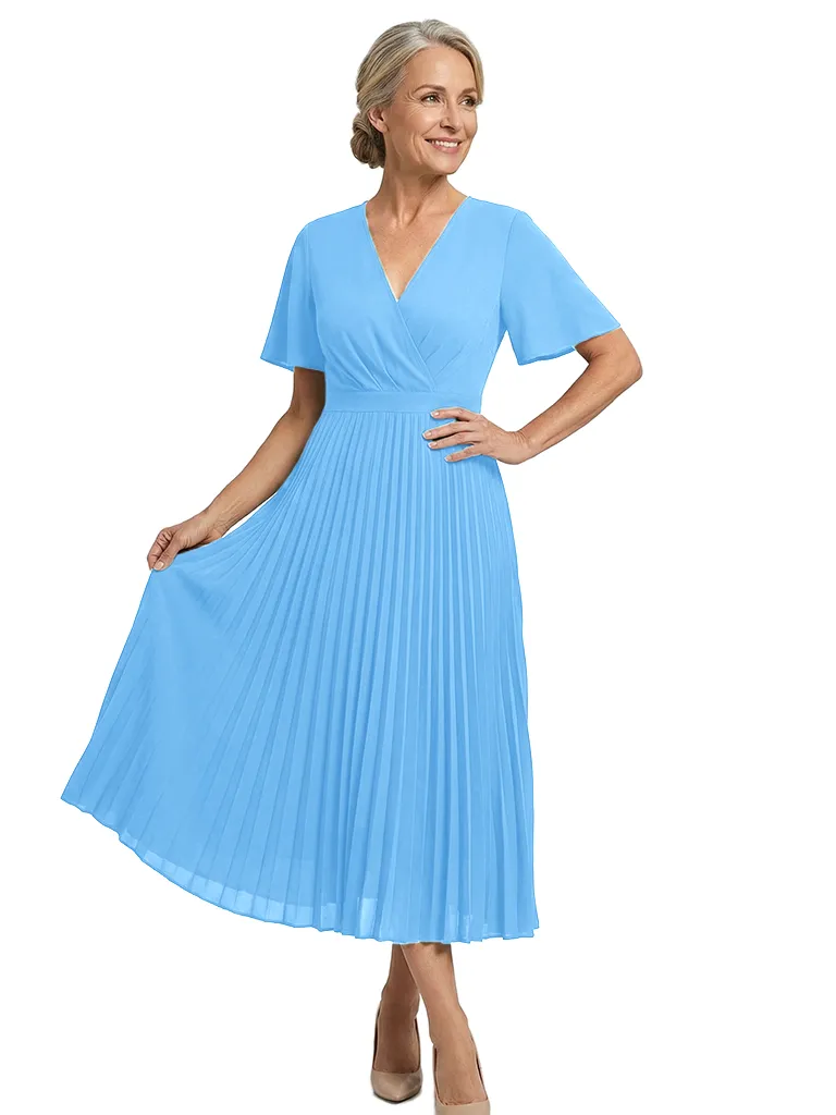 ChicSew Fancy Pleated Mother Of The Bride Tea-Length Dress V-Neck Flutter Sleeve Chiffon sold by ChicSew product image thumbnail 5
