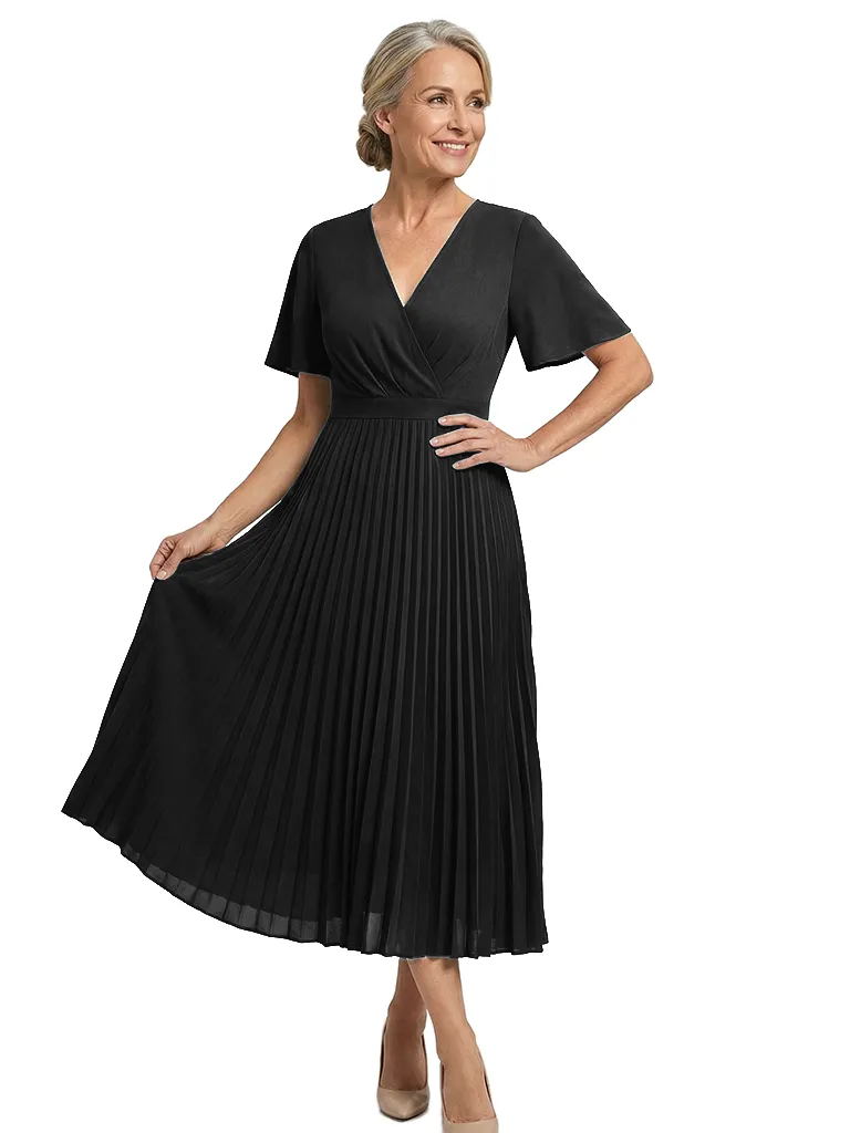 ChicSew Fancy Pleated Mother Of The Bride Tea-Length Dress V-Neck Flutter Sleeve Chiffon sold by ChicSew product image thumbnail 4