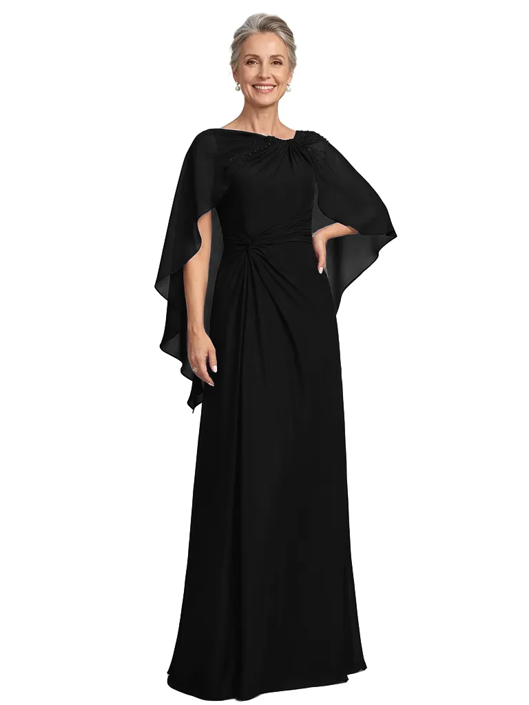 ChicSew Asymmetric Cape Sleeve Beaded Detail Ruched Waist Floor Length Chiffon Modern Mother of the Bride Dresses sold by ChicSew product image thumbnail 4