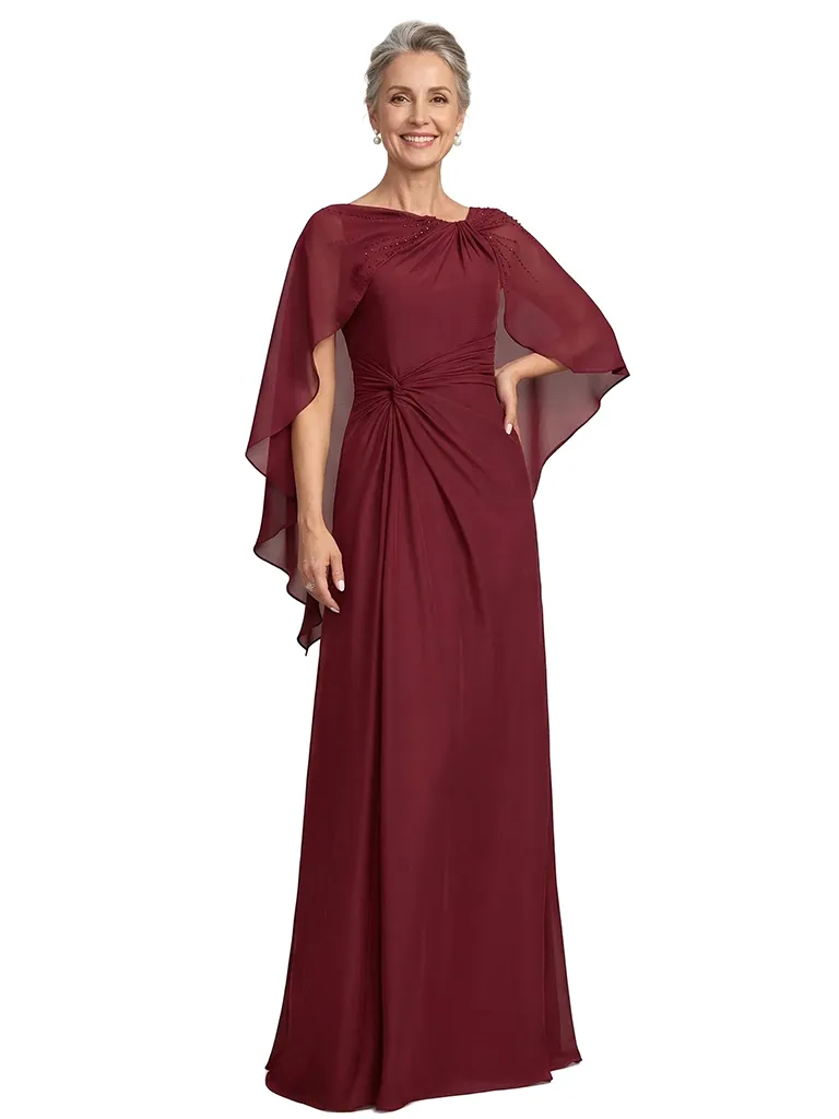 ChicSew Asymmetric Cape Sleeve Beaded Detail Ruched Waist Floor Length Chiffon Modern Mother of the Bride Dresses sold by ChicSew