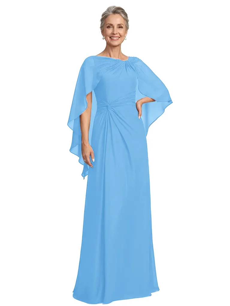 ChicSew Asymmetric Cape Sleeve Beaded Detail Ruched Waist Floor Length Chiffon Modern Mother of the Bride Dresses sold by ChicSew product image thumbnail 5