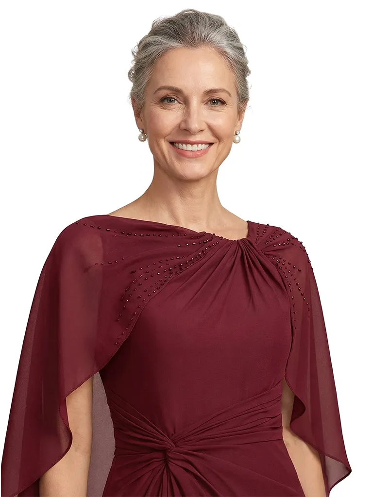 ChicSew Asymmetric Cape Sleeve Beaded Detail Ruched Waist Floor Length Chiffon Modern Mother of the Bride Dresses sold by ChicSew product image thumbnail 2