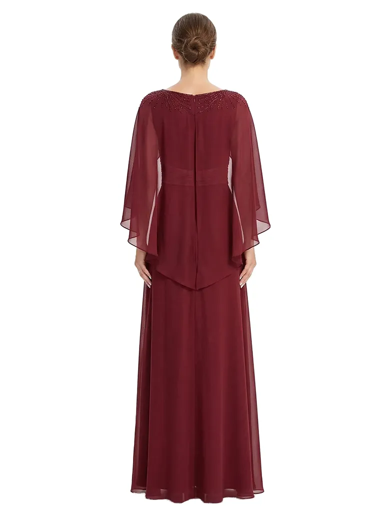 ChicSew Asymmetric Cape Sleeve Beaded Detail Ruched Waist Floor Length Chiffon Modern Mother of the Bride Dresses sold by ChicSew product image thumbnail 3