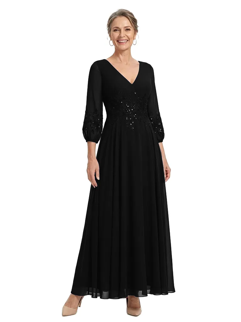 ChicSew V-Neck 3/4 Sleeve Beaded Lace Applique Ruched Waist Ankle Length Chiffon Formal Mother Of The Bride And Groom Dresses sold by ChicSew product image thumbnail 4
