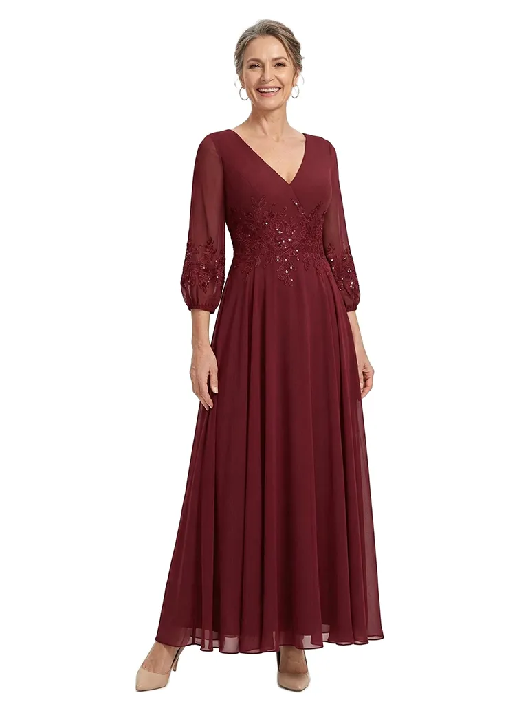 ChicSew V-Neck 3/4 Sleeve Beaded Lace Applique Ruched Waist Ankle Length Chiffon Formal Mother Of The Bride And Groom Dresses sold by ChicSew