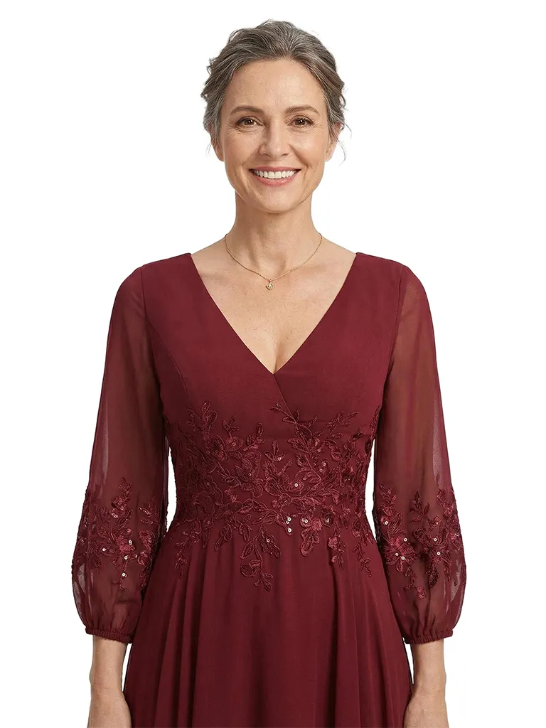 ChicSew V-Neck 3/4 Sleeve Beaded Lace Applique Ruched Waist Ankle Length Chiffon Formal Mother Of The Bride And Groom Dresses sold by ChicSew product image thumbnail 2