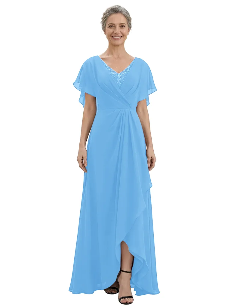 ChicSew V-Neck Flutter Sleeve Beaded Lace Applique Ruched Bodice High Low Hem Floor Length Chiffon Romantic Mom Of The Groom Dresses sold by ChicSew product image thumbnail 5