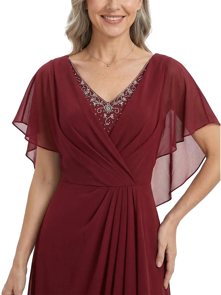 ChicSew V-Neck Flutter Sleeve Beaded Lace Applique Ruched Bodice High Low Hem Floor Length Chiffon Romantic Mom Of The Groom Dresses sold by ChicSew product image thumbnail 2