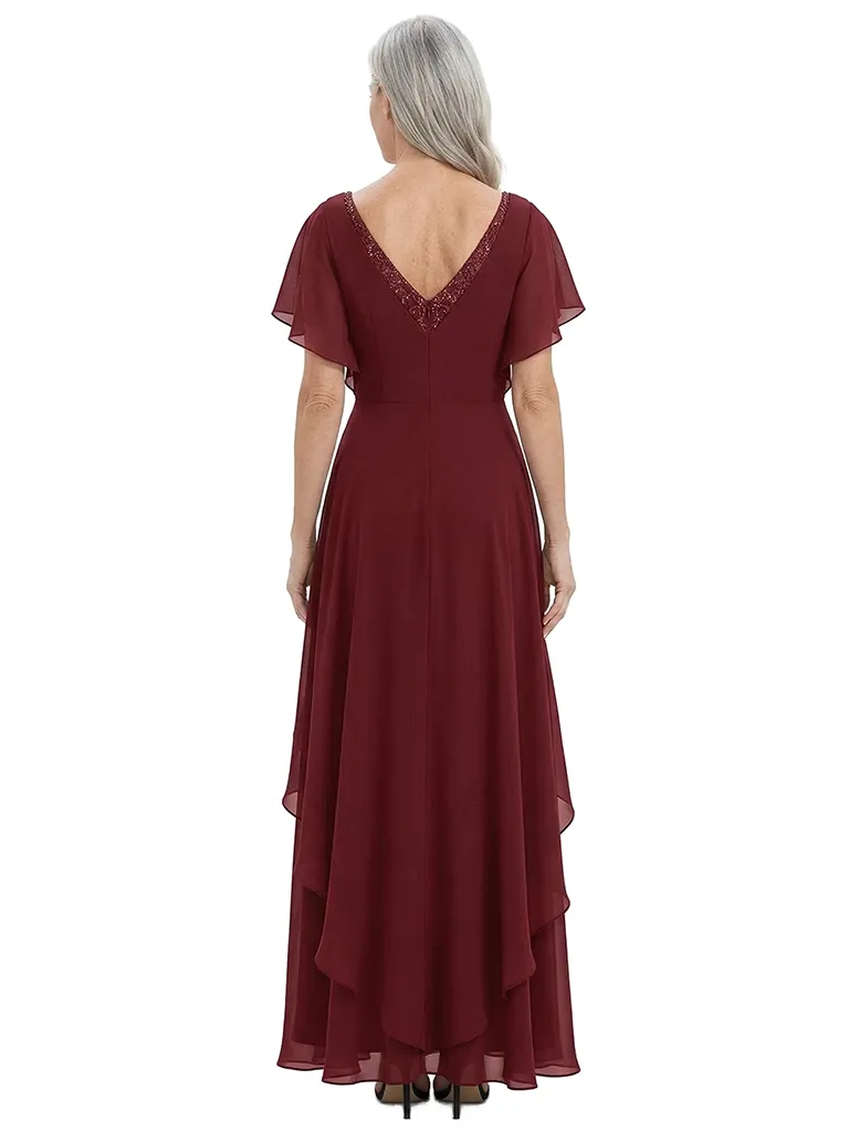 ChicSew V-Neck Flutter Sleeve Beaded Lace Applique Ruched Bodice High Low Hem Floor Length Chiffon Romantic Mom Of The Groom Dresses sold by ChicSew product image thumbnail 3