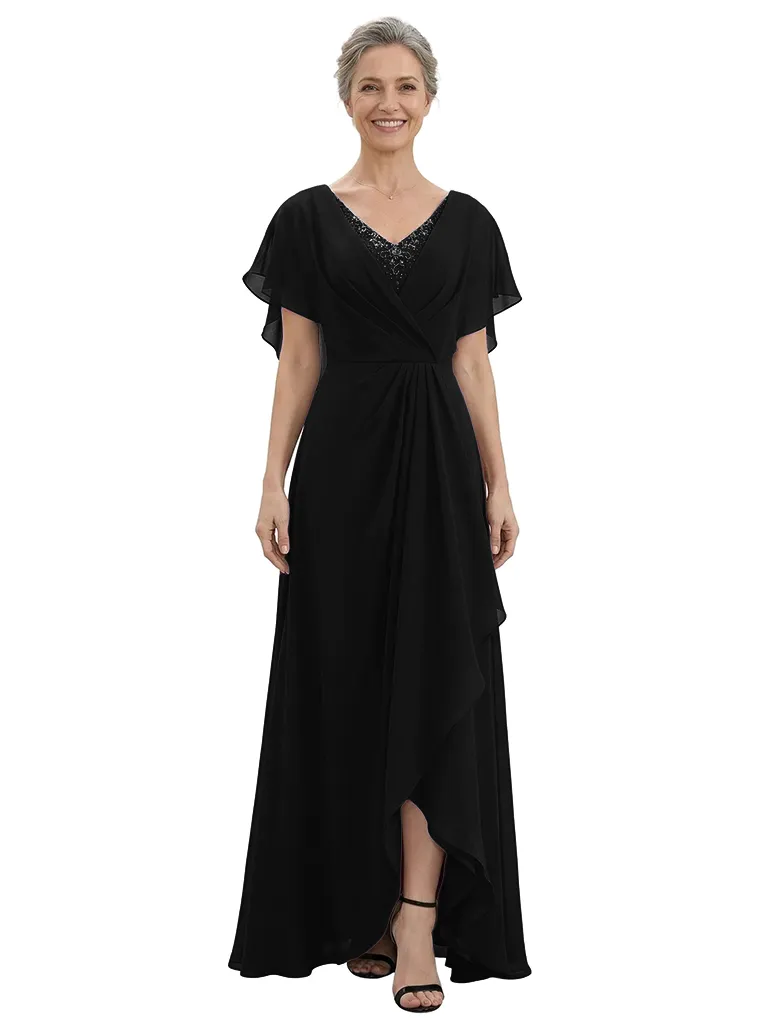 ChicSew V-Neck Flutter Sleeve Beaded Lace Applique Ruched Bodice High Low Hem Floor Length Chiffon Romantic Mom Of The Groom Dresses sold by ChicSew product image thumbnail 4