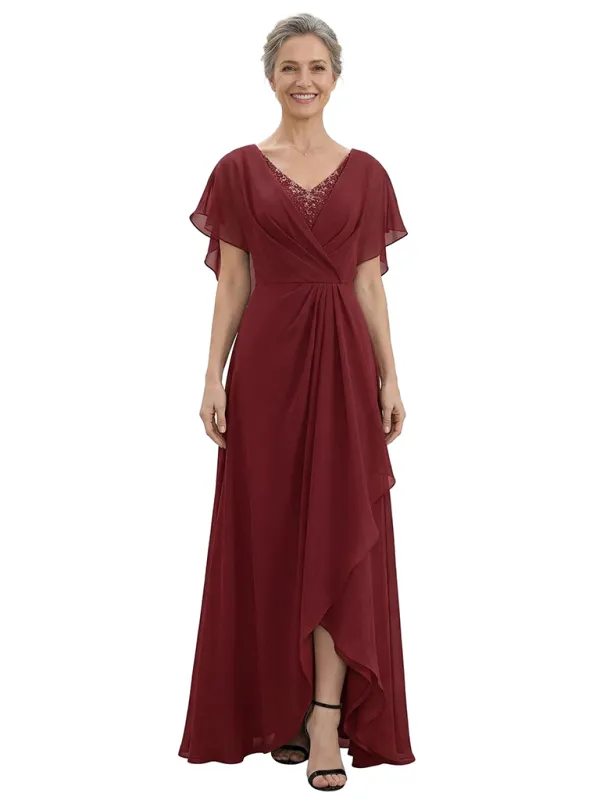 ChicSew V-Neck Flutter Sleeve Beaded Lace Applique Ruched Bodice High Low Hem Floor Length Chiffon Romantic Mom Of The Groom Dresses made by ChicSew