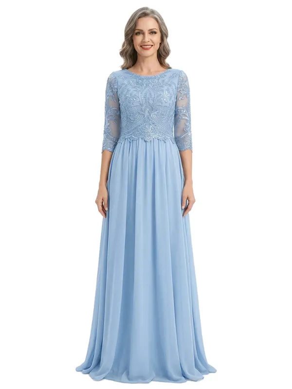 ChicSew Round Neck 3/4 Sleeve Beaded Lace Applique Ruched Waist Floor Length Chiffon Fancy Mother of the Bride Dresses made by ChicSew