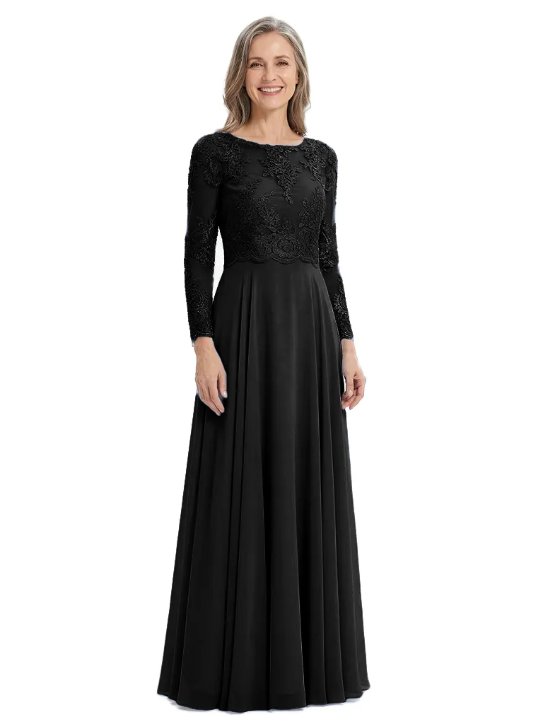 ChicSew Round Neck Long Sleeve Lace Applique Ruched Waist Floor Length Chiffon Sophisticated Mother Of The Bride And Groom Dresses sold by ChicSew product image thumbnail 4