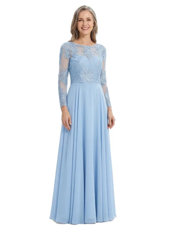 ChicSew Round Neck Long Sleeve Lace Applique Ruched Waist Floor Length Chiffon Sophisticated Mother Of The Bride And Groom Dresses made by ChicSew