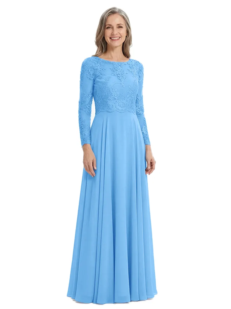 ChicSew Round Neck Long Sleeve Lace Applique Ruched Waist Floor Length Chiffon Sophisticated Mother Of The Bride And Groom Dresses sold by ChicSew product image thumbnail 5