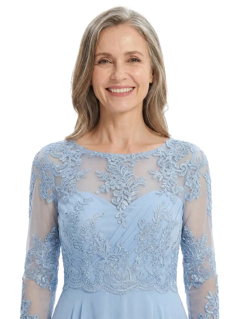ChicSew Round Neck Long Sleeve Lace Applique Ruched Waist Floor Length Chiffon Sophisticated Mother Of The Bride And Groom Dresses sold by ChicSew product image thumbnail 2