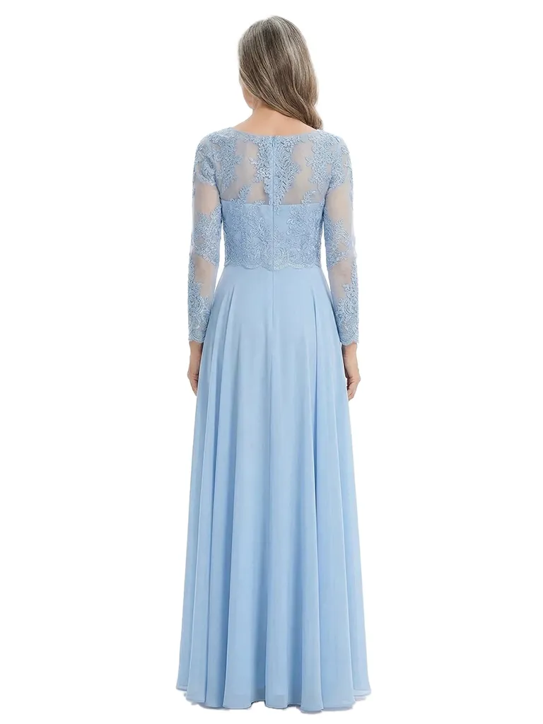 ChicSew Round Neck Long Sleeve Lace Applique Ruched Waist Floor Length Chiffon Sophisticated Mother Of The Bride And Groom Dresses sold by ChicSew product image thumbnail 3
