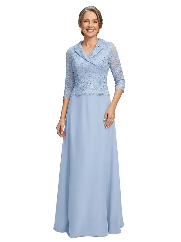 ChicSew V-Neck 3/4 Sleeve Beaded Lace Applique Floor Length Chiffon Elegant Mother of the Bride Dresses made by ChicSew