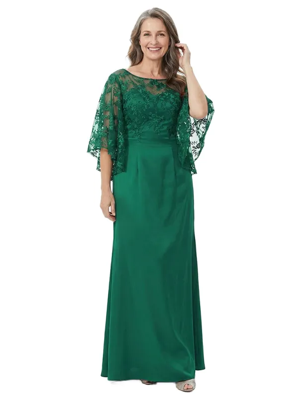 Floor-Length Silky Satin Mother Of The Bride Gown Lace Cape Sleeve made by ChicSew