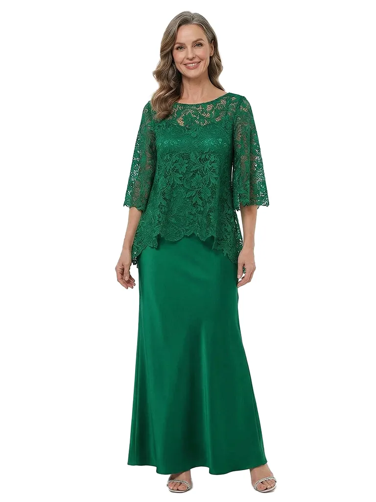 ChicSew Modern Two Piece Silky Satin Sheath Lace Bodice Mother Of The Bride Outfit sold by ChicSew