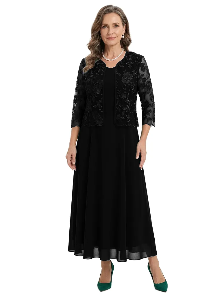 ChicSew Modern Chiffon Midi Mother Of The Groom Gown and Long Sleeve Lace Jacket sold by ChicSew product image thumbnail 4