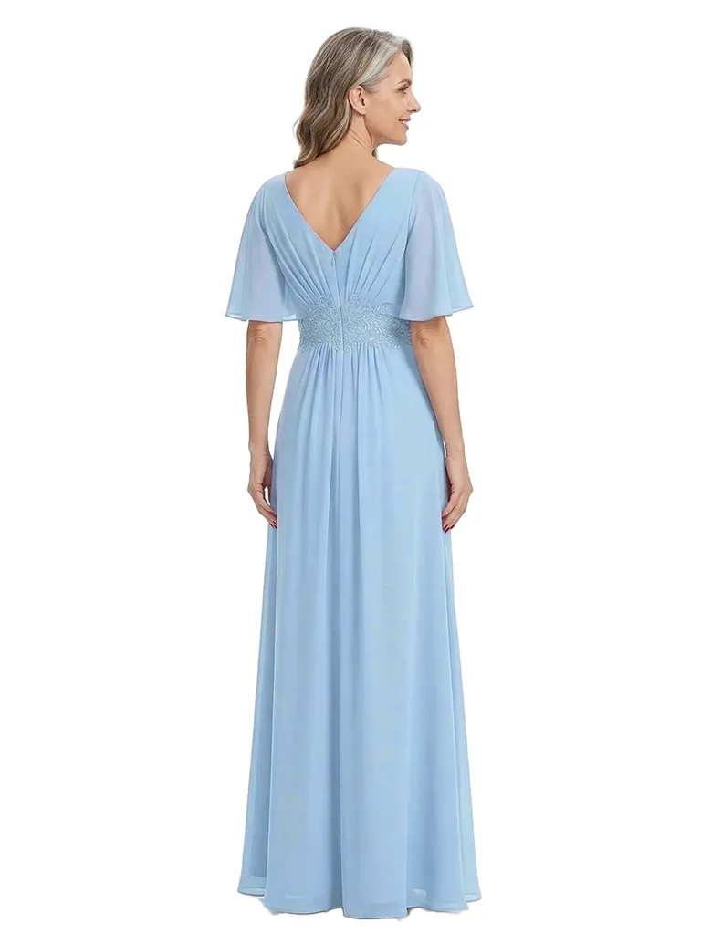 ChicSew Elegant Chiffon Flutter Sleeves V-Neck Ruched A-Line Mother Of The Bride Dress With Applique sold by ChicSew product image thumbnail 3