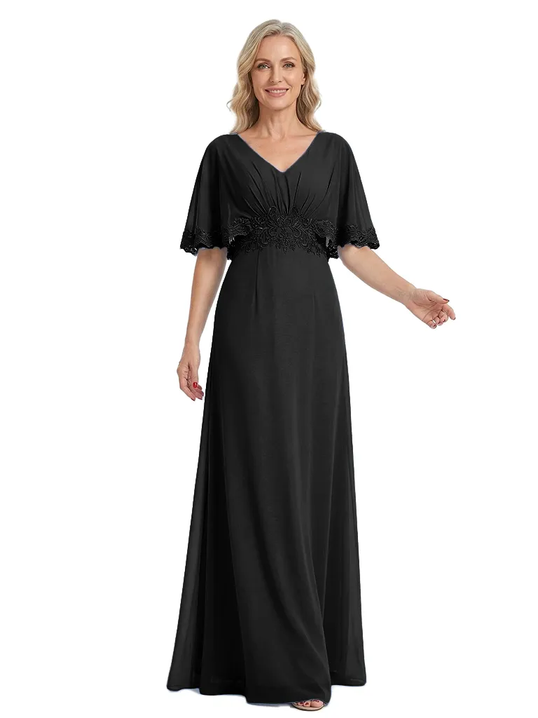 ChicSew Elegant Chiffon Flutter Sleeves V-Neck Ruched A-Line Mother Of The Bride Dress With Applique sold by ChicSew product image thumbnail 4