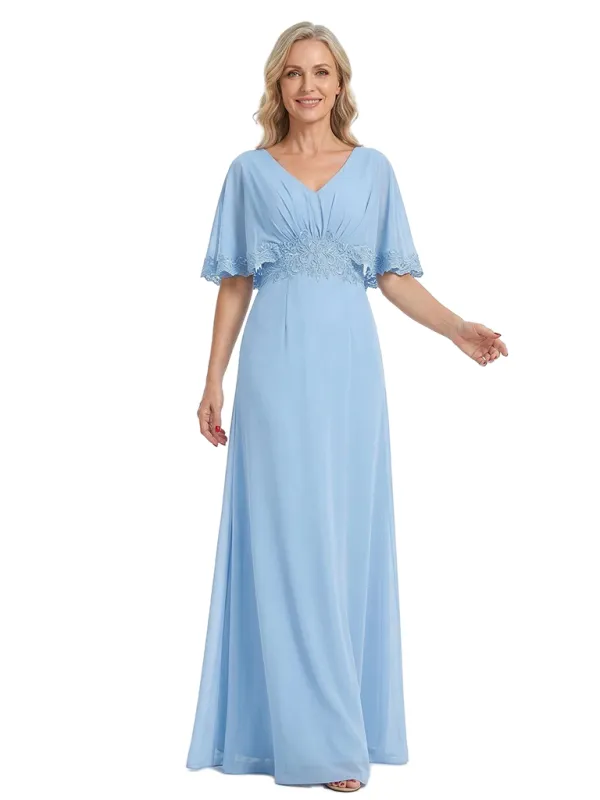ChicSew Elegant Chiffon Flutter Sleeves V-Neck Ruched A-Line Mother Of The Bride Dress With Applique made by ChicSew