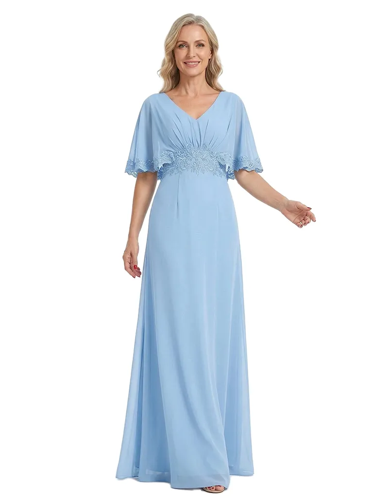 ChicSew Elegant Chiffon Flutter Sleeves V-Neck Ruched A-Line Mother Of The Bride Dress With Applique sold by ChicSew