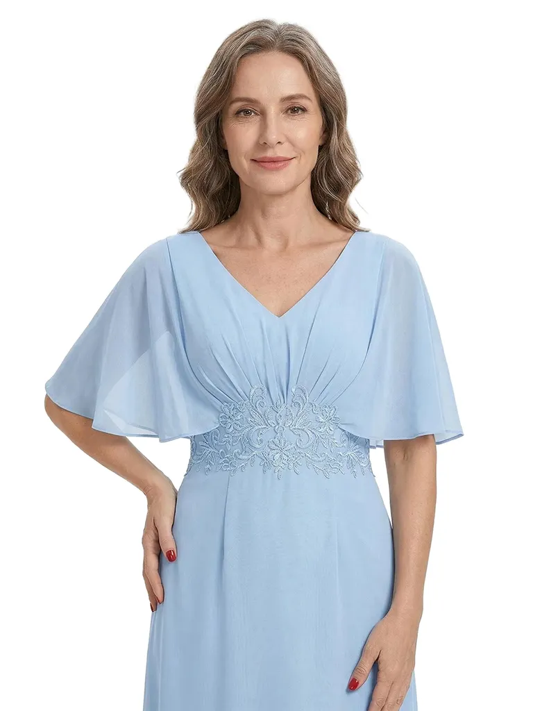 ChicSew Elegant Chiffon Flutter Sleeves V-Neck Ruched A-Line Mother Of The Bride Dress With Applique sold by ChicSew product image thumbnail 2