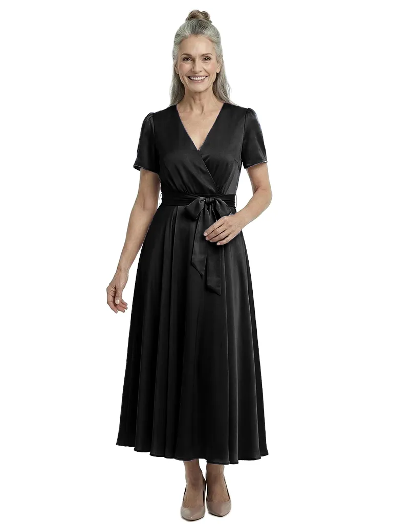 ChicSew Elegant V-Neck Short Sleeves Satin A-Line Tea-Length Mother Of The Bride Dresses sold by ChicSew product image thumbnail 4