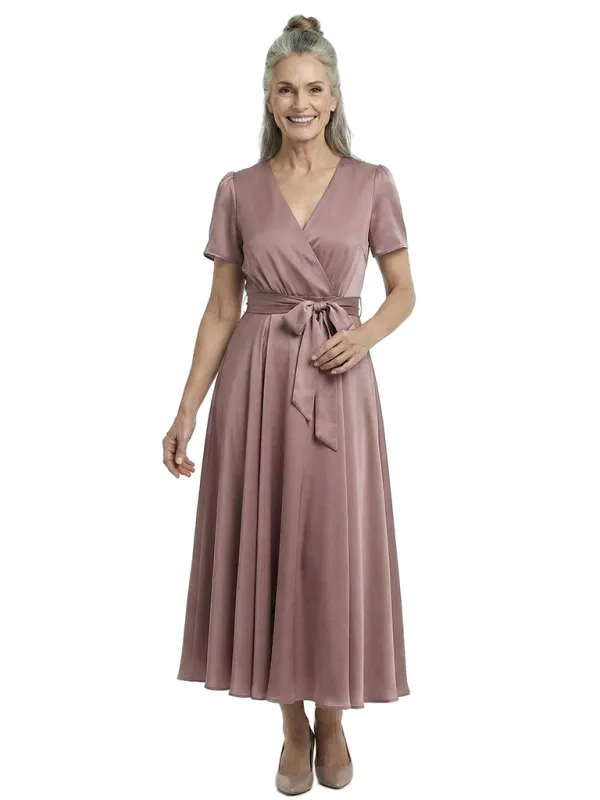 ChicSew Elegant V-Neck Short Sleeves Satin A-Line Tea-Length Mother Of The Bride Dresses made by ChicSew