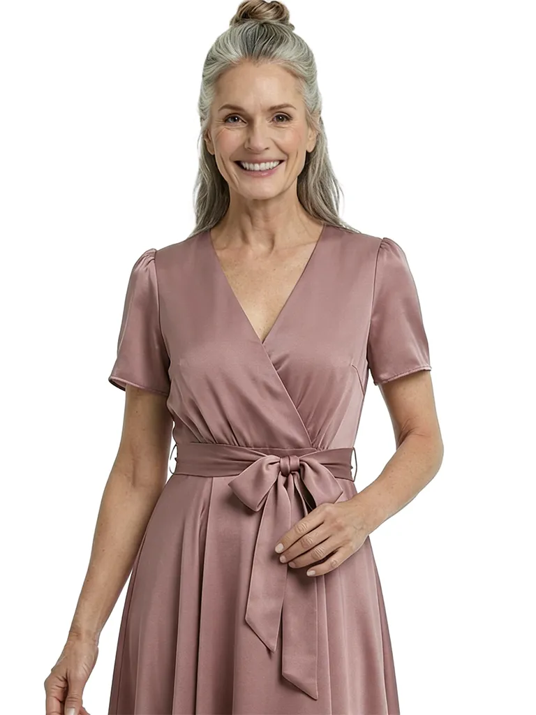 ChicSew Elegant V-Neck Short Sleeves Satin A-Line Tea-Length Mother Of The Bride Dresses sold by ChicSew product image thumbnail 2