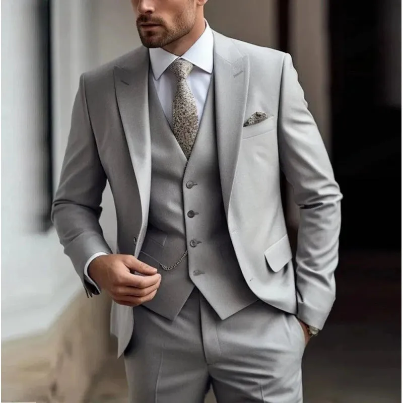 Grey Classic 3 Piece Men's Suit with Regular Fit and Sophisticated Peak Lapel made by ChicSew