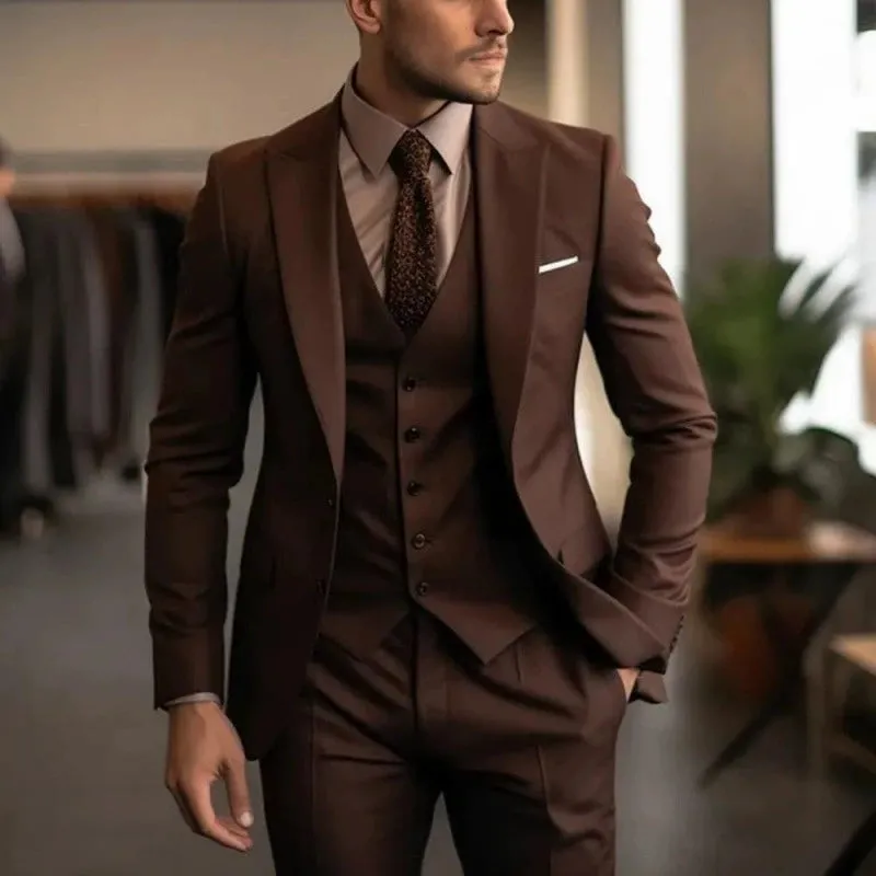 Brown Classic 3 Piece Men's Suit with Regular Fit and Sophisticated Peak Lapel made by ChicSew