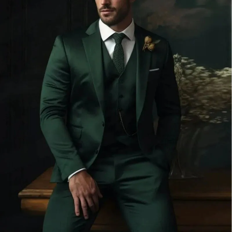Dark-Green Classic 3 Piece Men's Suit with Regular Fit and Sophisticated Peak Lapel sold by ChicSew