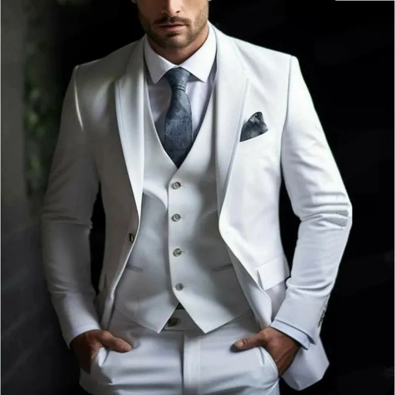 White Classic 3 Piece Men's Suit with Regular Fit and Sophisticated Peak Lapel made by ChicSew