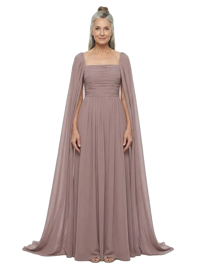 ChicSew Square Cape Sleeve Floor Length Chiffon Modern Mom Of The Groom Dresses sold by ChicSew