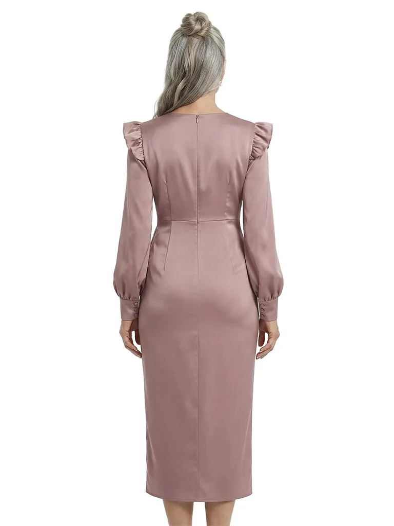 ChicSew V-Neck Long Sleeve Satin Ruffle Tea-Length Mother of the Bride Dresses sold by ChicSew product image thumbnail 3