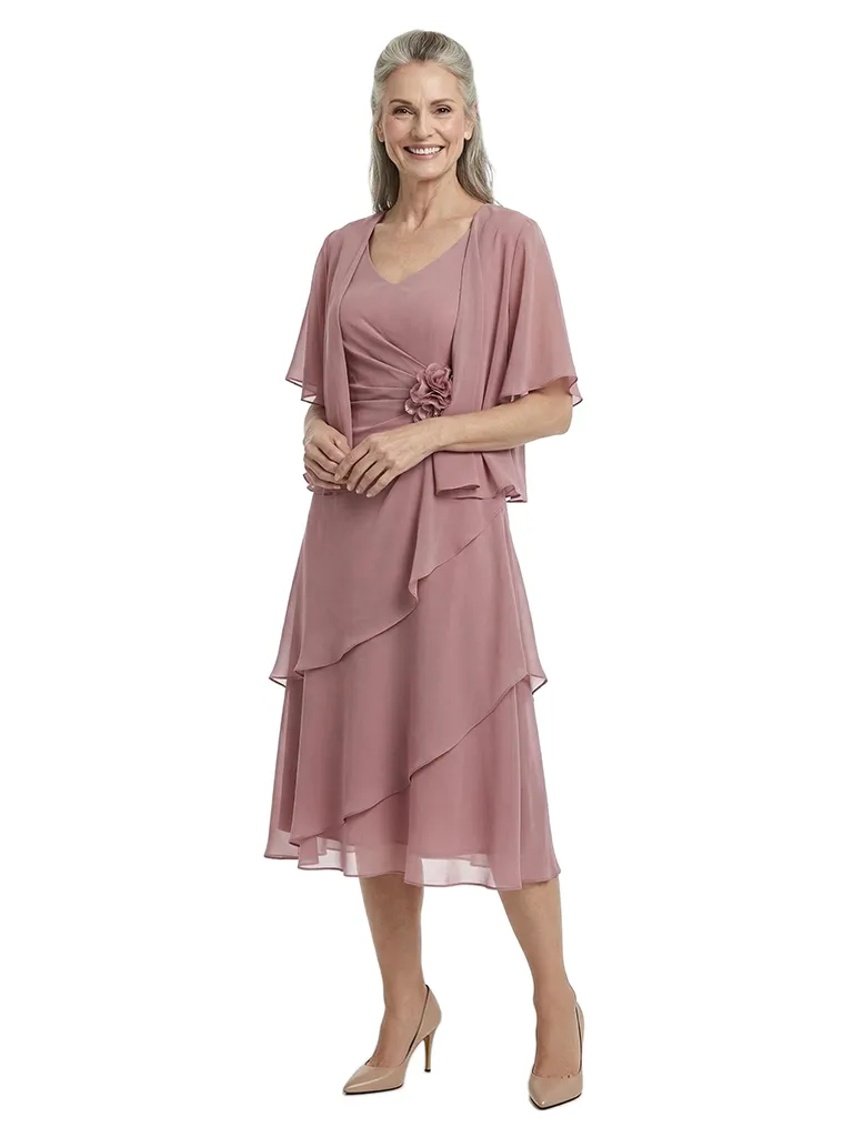 ChicSew Fancy Ruched A-Line V-Neck Mother Of The Bride Tea-Length Dress Half Sleeve Chiffon sold by ChicSew