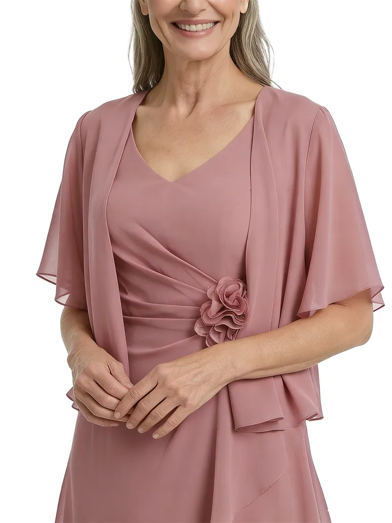 ChicSew Fancy Ruched A-Line V-Neck Mother Of The Bride Tea-Length Dress Half Sleeve Chiffon sold by ChicSew product image thumbnail 2